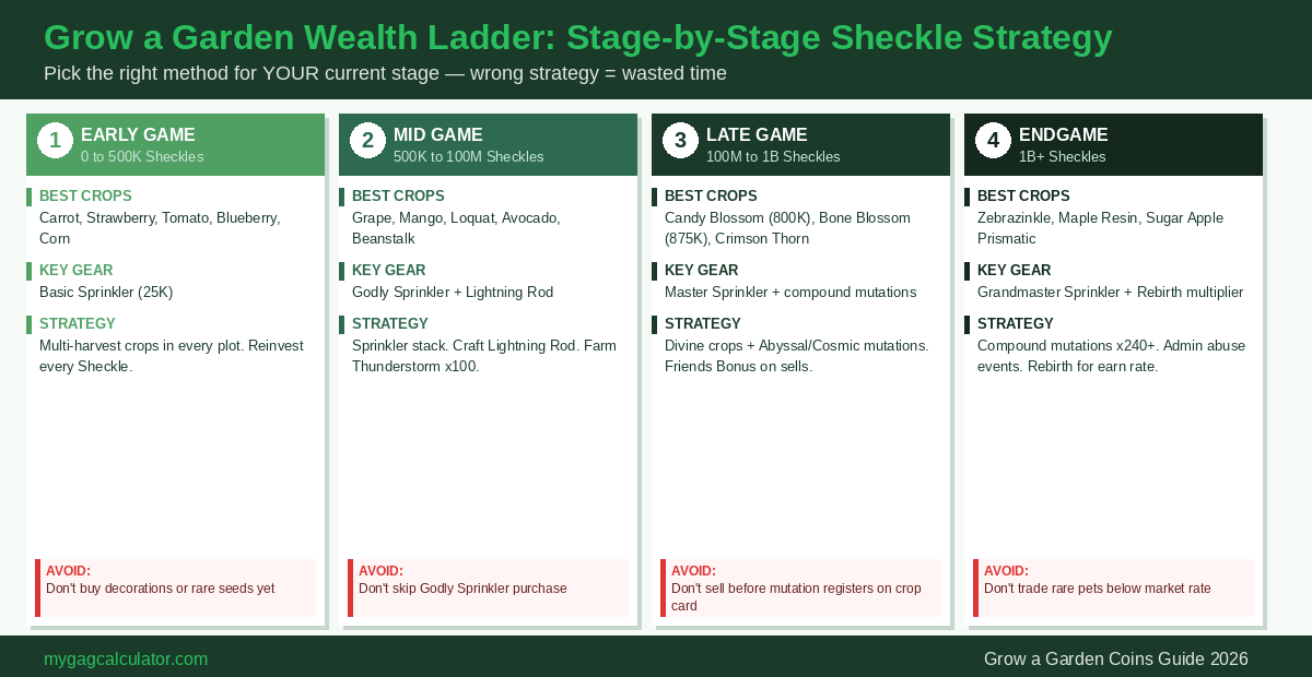 Grow a Garden wealth ladder showing Sheckle farming strategy