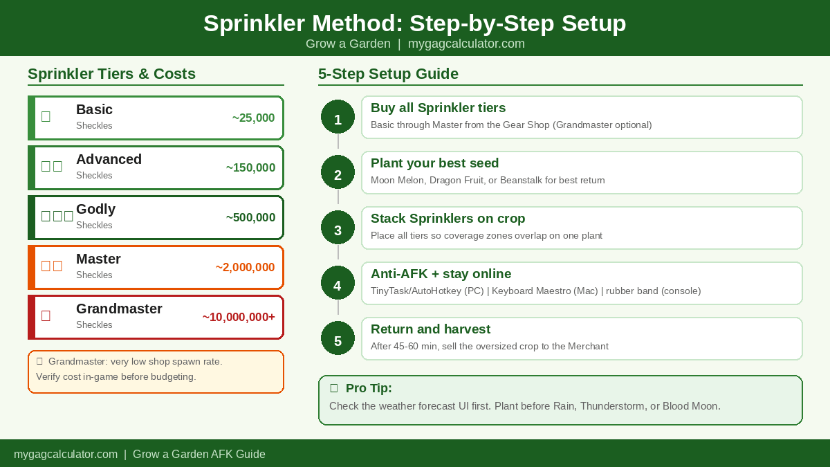 Step-by-step Sprinkler method setup guide in Grow a Garden