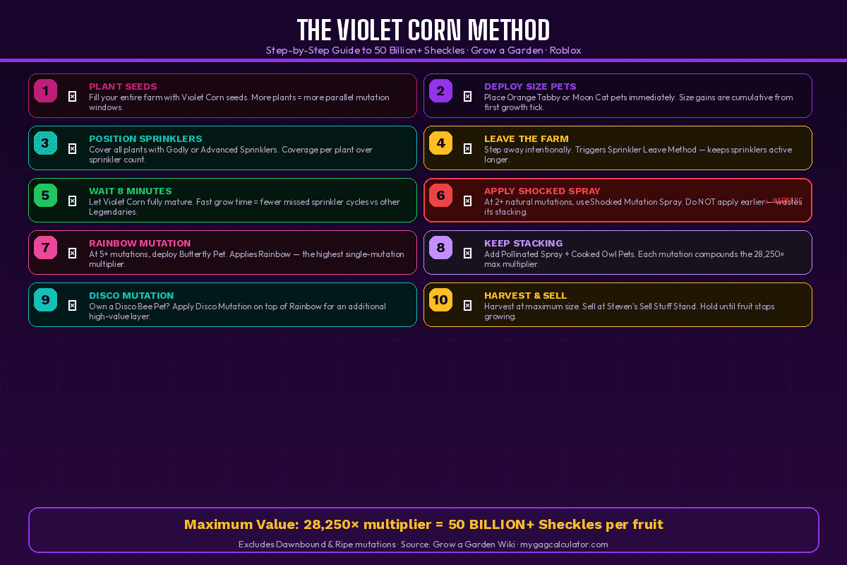 Violet Corn Method 10-step infographic for Grow a Garden
