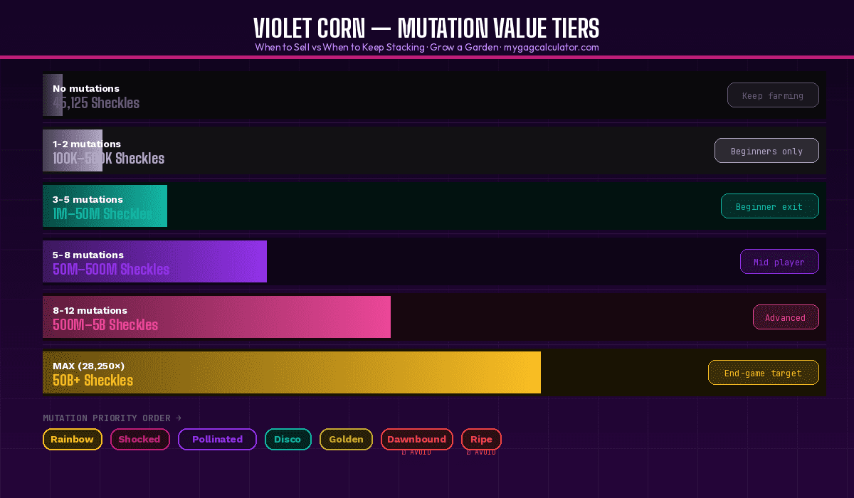 Violet Corn mutation value tier chart in Grow a Garden
