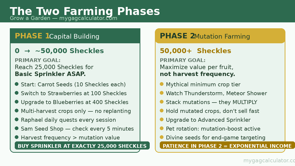 Grow a Garden two farming phases chart comparing capital building and mutation farming strategies