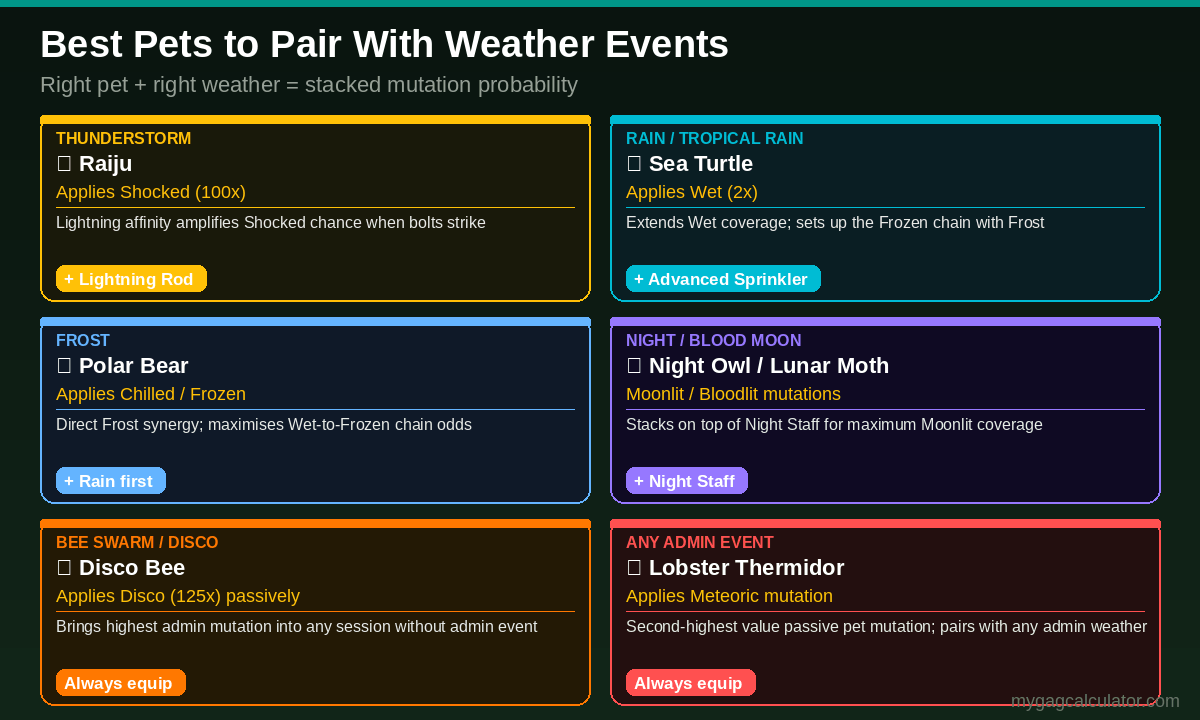 Best pets to pair with weather events in Grow a Garden — Raiju for Thunderstorm, Sea Turtle for Rain, Polar Bear for Frost, Disco Bee for Bee Swarm