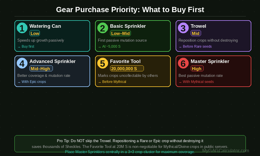 Grow a Garden gear purchase priority order showing 6 essential items