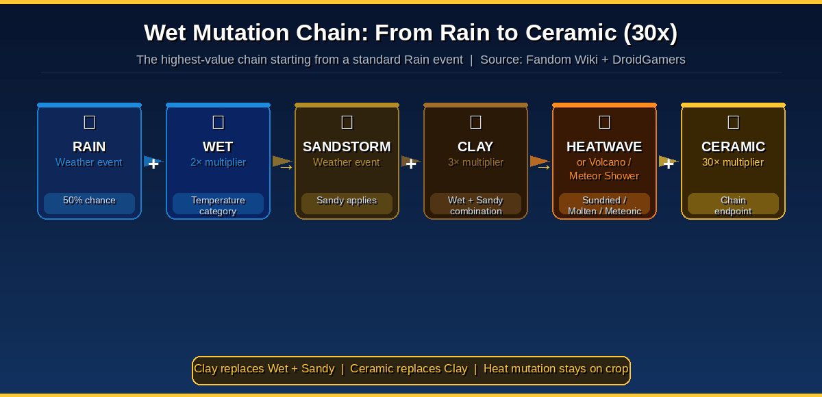 Wet Mutation to Ceramic 30x chain diagram in Grow a Garden — Rain, Sandstorm, Heatwave step-by-step