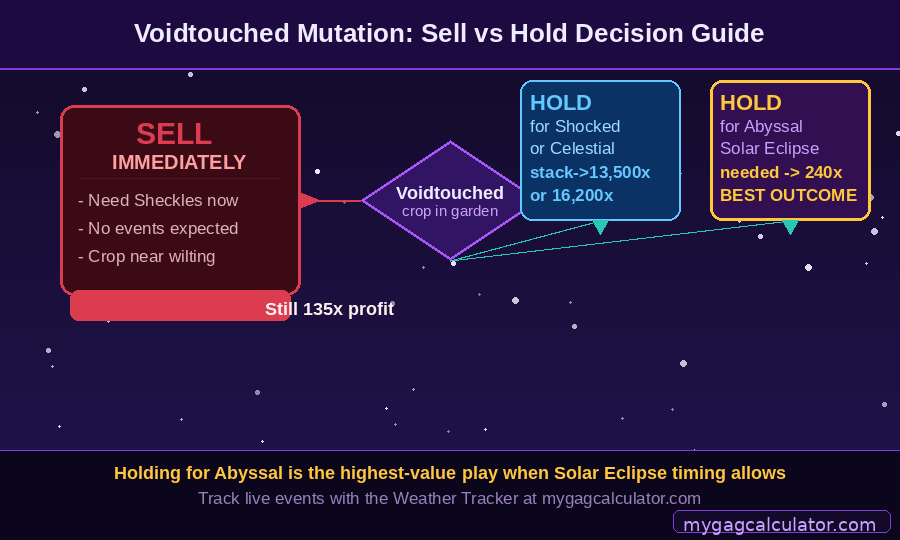 Voidtouched mutation in Grow a Garden showing three paths: sell immediately at 135x, hold for Shocked or Celestial stack, or hold for Abyssal fusion at 240x