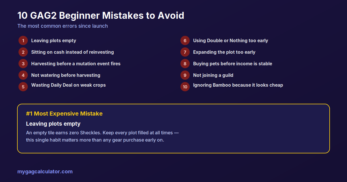 Infographic listing the 10 most common Grow a Garden 2 beginner mistakes