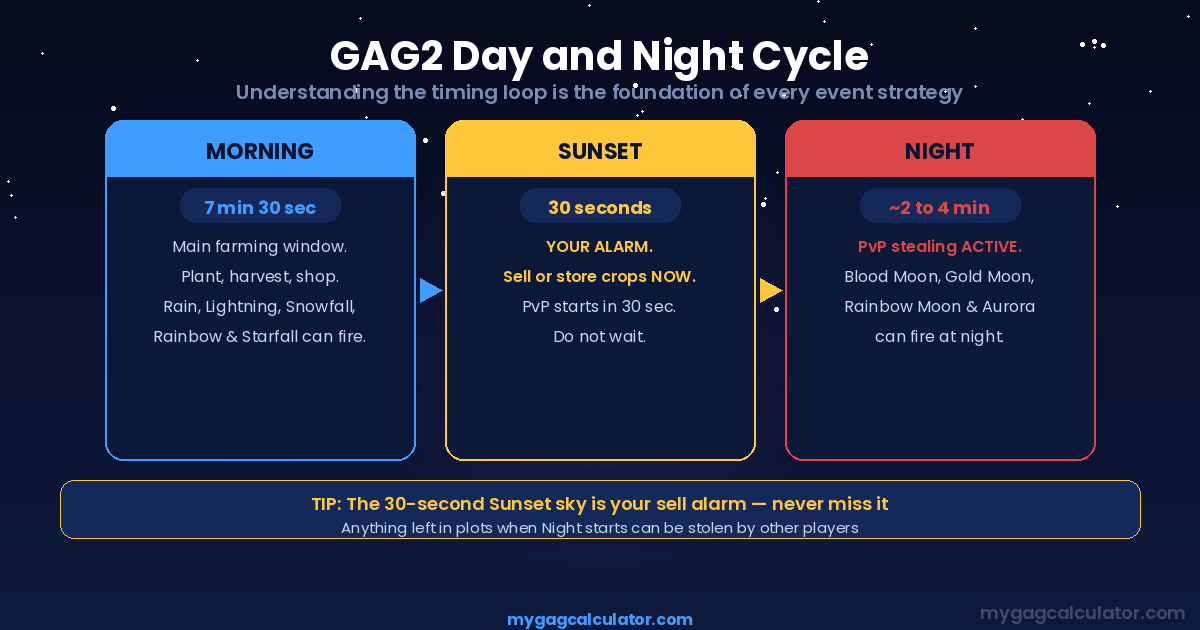 Grow a Garden 2 day and night cycle diagram showing Morning 7 min 30 sec, Sunset 30 second alarm, and Night PvP phase