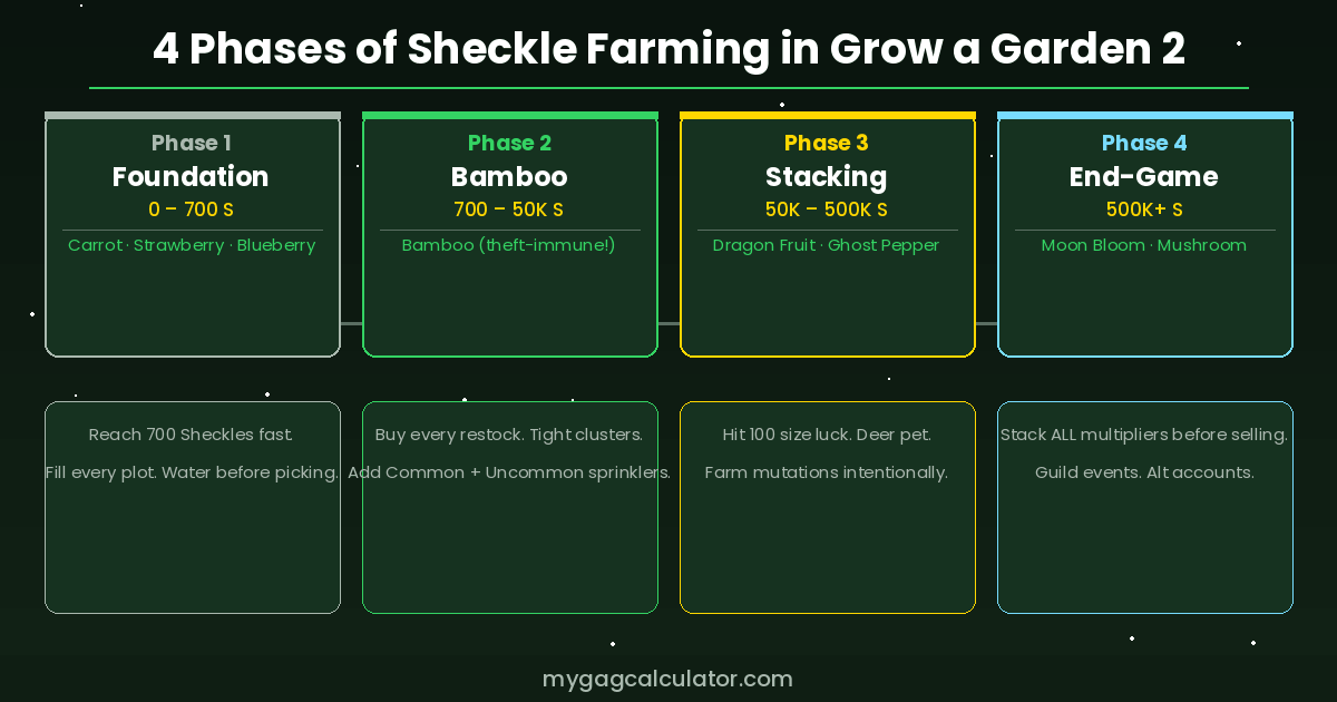 Four phases of Sheckle farming in Grow a Garden 2: Foundation, Bamboo, Stacking, and End-Game
