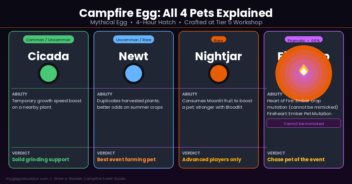 All four Campfire Egg pets in Grow a Garden