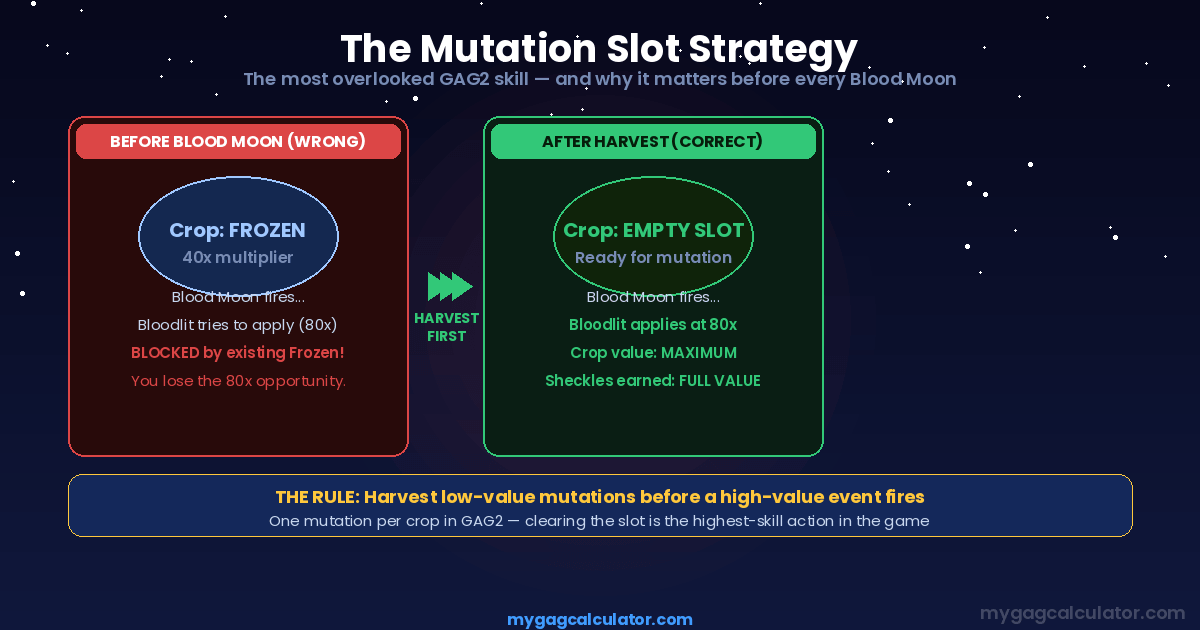 GAG2 mutation slot strategy diagram showing why harvesting Frozen crops before Blood Moon allows Bloodlit 80x to apply instead
