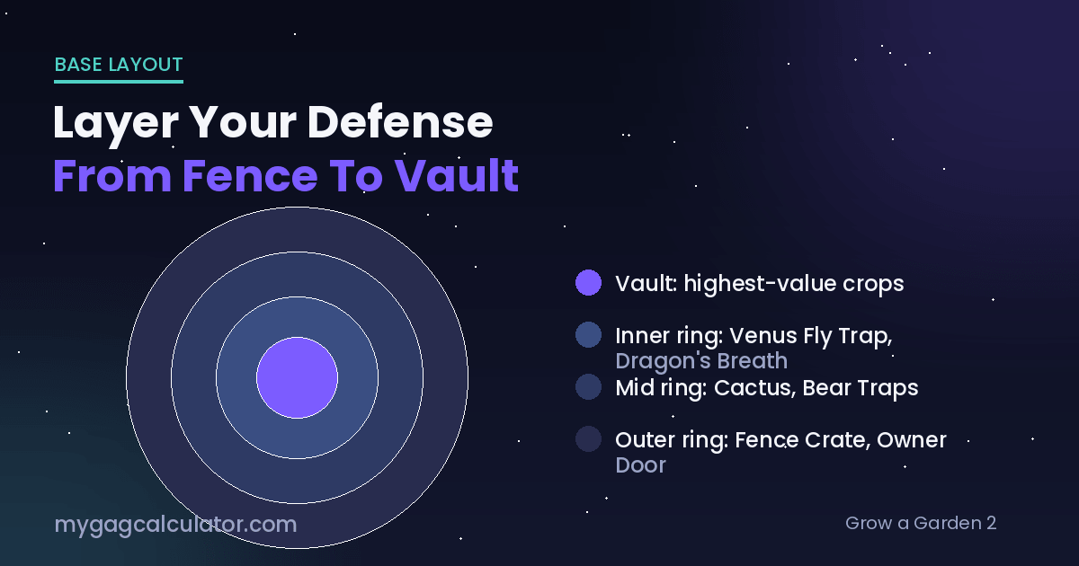 Grow a Garden 2 layered garden defense diagram with outer fence, mid crops, and inner vault