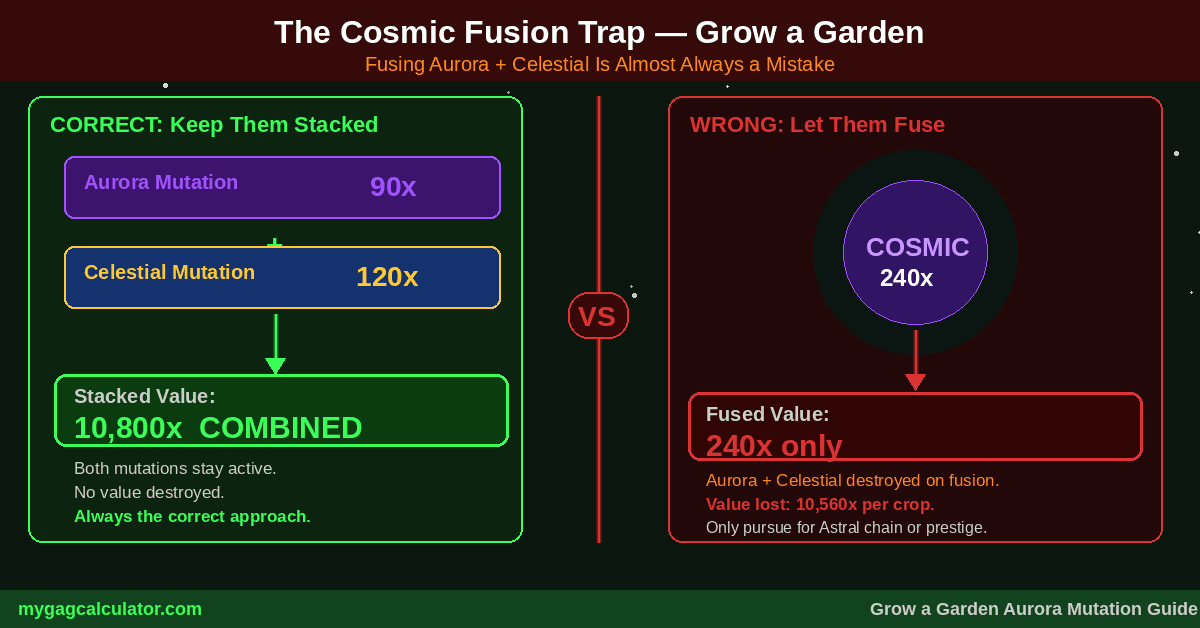 Grow a Garden Cosmic fusion trap infographic showing Aurora 90x plus Celestial 120x stacked equals 10800x versus Cosmic fused equals 240x loss