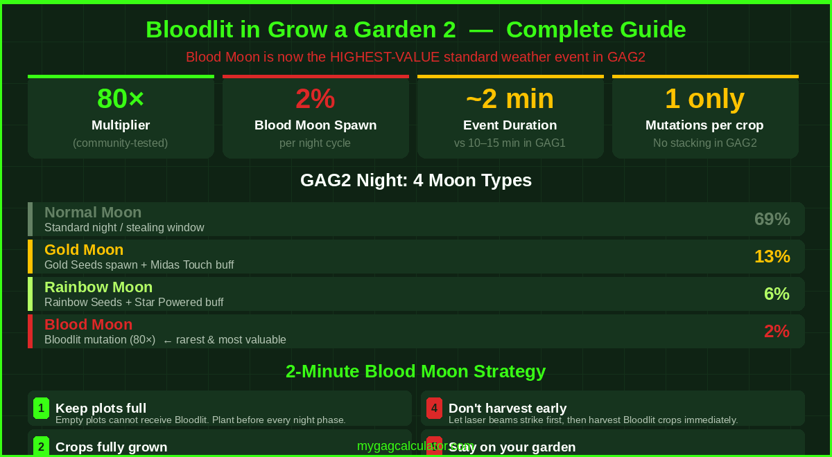 Grow a Garden 2 Blood Moon event guide showing 80x Bloodlit multiplier