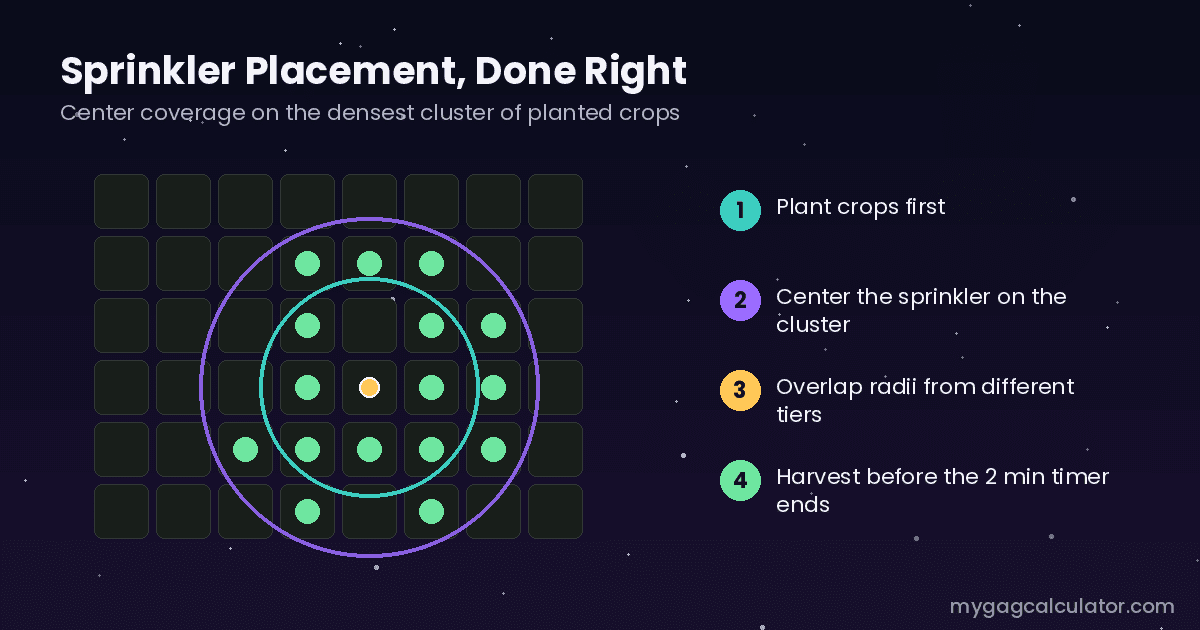 correct sprinkler placement centered over a dense crop cluster with overlapping radius circles in Grow a Garden 2