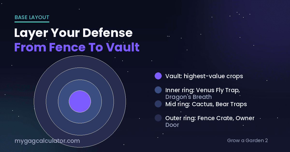 Grow a Garden 2 layered garden defense diagram with outer fence, mid crops, and inner vault